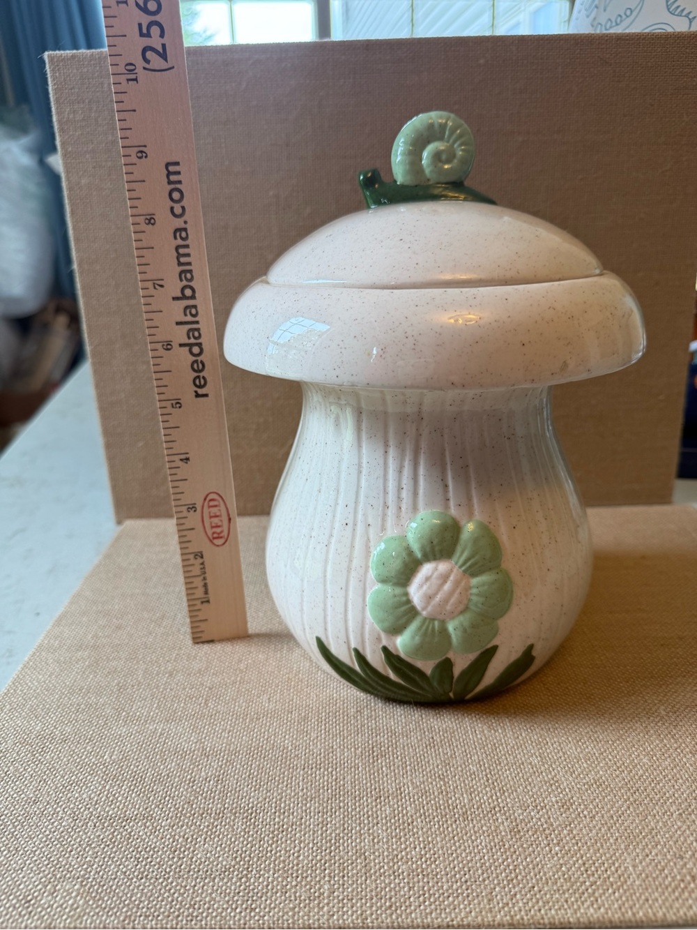 Ceramic Mushroom Cookie Jar with Green Flower Accent